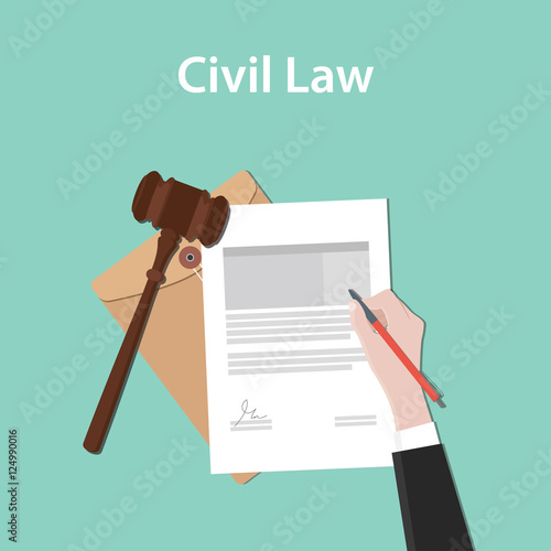 civil law illustration concept a business man hand signing  paper document with flat style  gavel photo