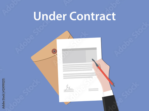 under contract concept illustration with business man hand signing a paper document  flat style