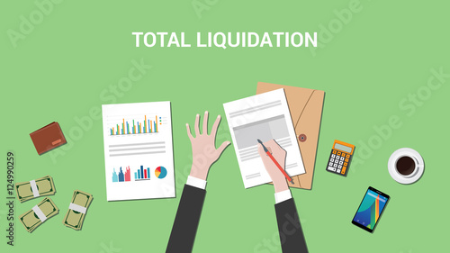 total liquidation concept illustration with business man working on a paper work document and signing  graph  chart