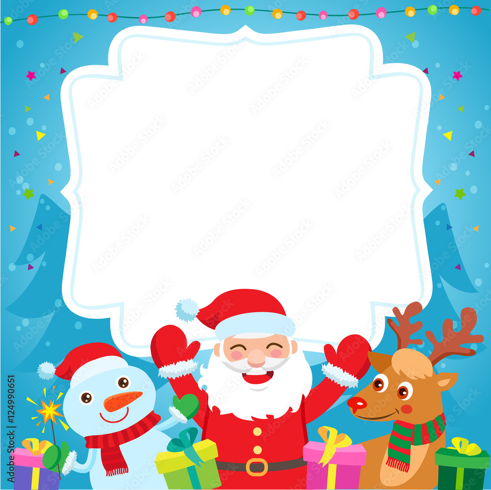 New Year Background Design Vector. Cartoon Illustration Santa's Friends Deer, Snowman, Christmas Tree And New Year Gifts. Funny Christmas Holidays, Invitation, Poster, Background Vector Template.