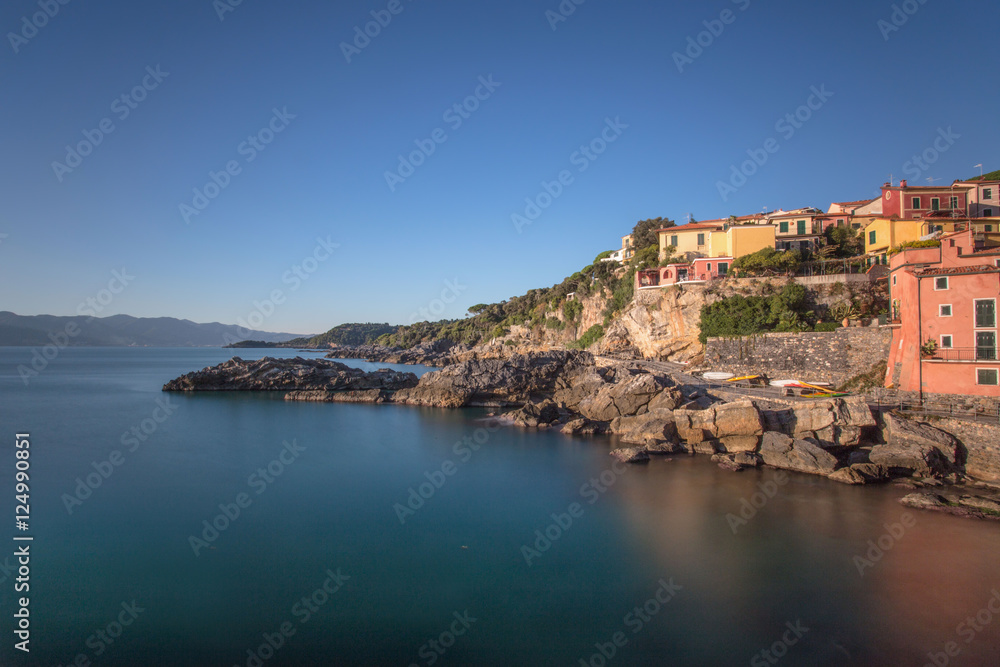 Long Exposure of small sea village Tellaro at sunset,  Liguria, La Spezia, near 5 Terre, Italy, Europe