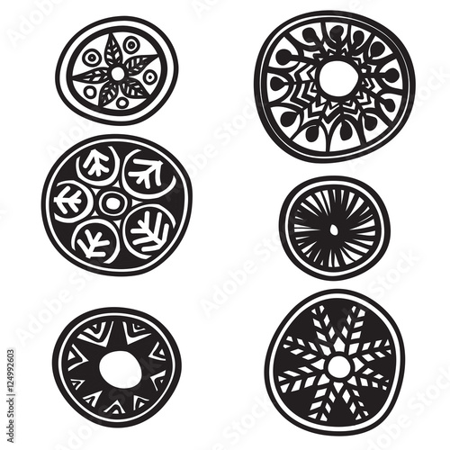 Set of decorative round elements on white background