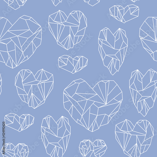 Seamless pattern made of mineral heart-shaped crystals on blue b
