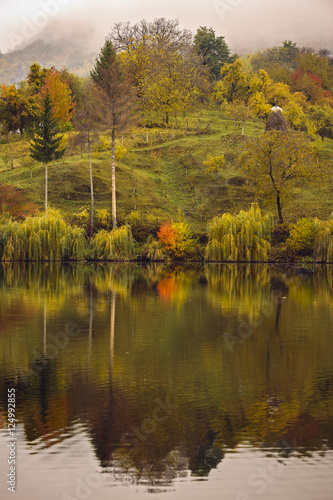 landscape with reflections of autumn colors on a lake