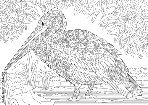 Stylized pelican bird among foliage. Freehand sketch for adult anti stress coloring book page with doodle and zentangle elements.