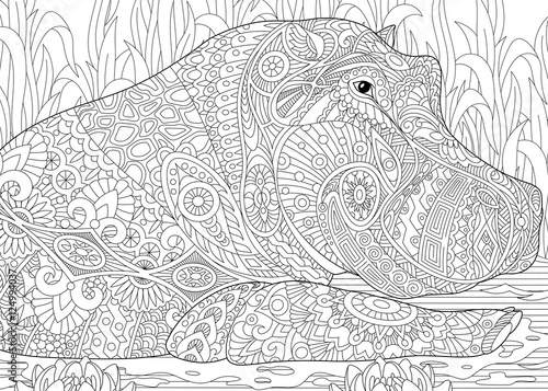 Stylized hippopotamus (hippo) swimming among water lilies (lotus flowers) and pond algae. Freehand sketch for adult anti stress coloring book page with doodle and zentangle elements.
