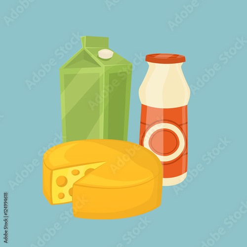 Cheese wheel and other dairy products isolated on blue background, vector illustration. Nutritious and healthy milk products. Natural and healthy food. Organic farmers products. Dairy icon.