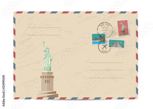 Statue of Liberty, New York. Postal envelope with famous architectural composition, postage stamps and postmarks on white background vector illustration. Airmail stamp. Envelope delivery.