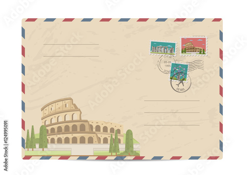 Coliseum in Rome, Italy. Ancient antique amphitheater. Postal envelope with famous architectural composition, postage stamps and postmarks vector illustration. Postal services. Envelope delivery
