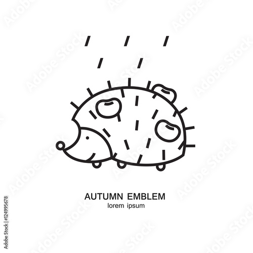 Hedgehog with apples on the back and rain symbol made in trendy line style. Weather forecast design.