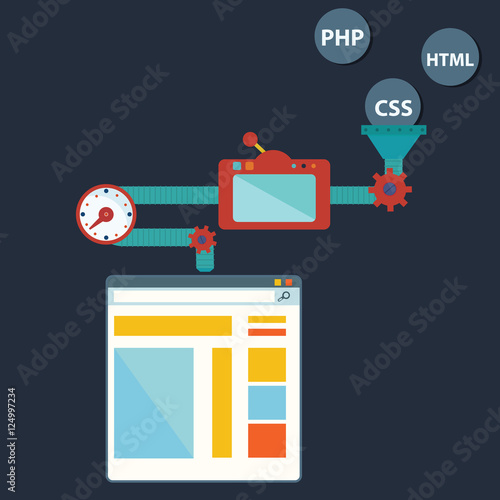 Process of creating site. Process coding and programming. Design and programming vector illustration