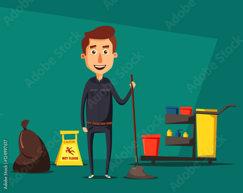 Cleaning staff character with equipment. Cartoon vector illustration.