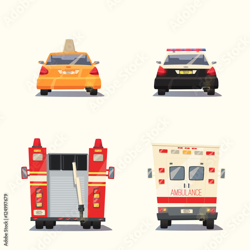 Police, Taxi, Ambulance car and Firetruck. Vector cartoon illustration