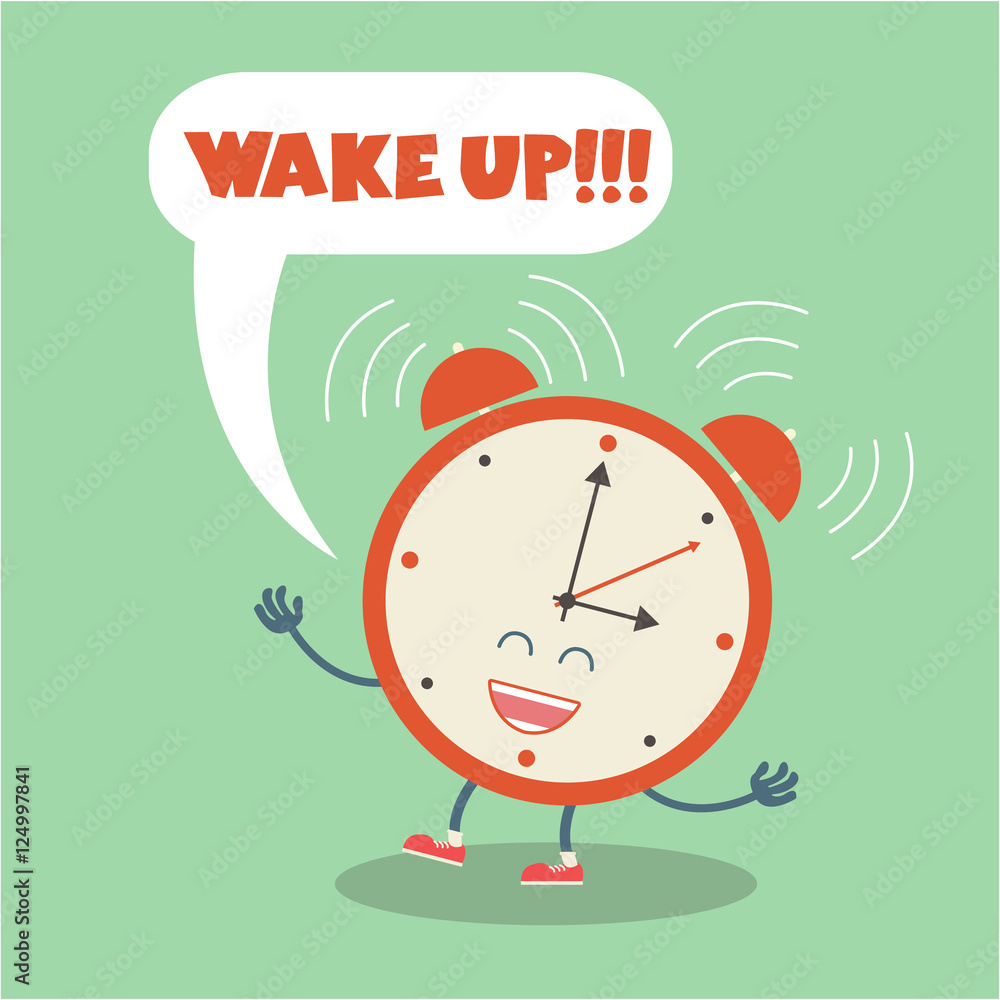Alarm clock character yelling wake up, Wake up vector poster Stock