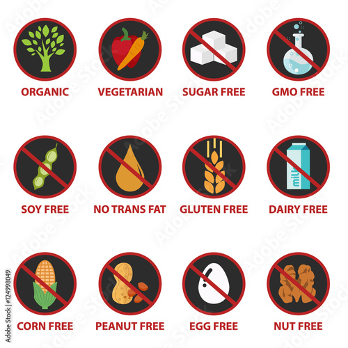 Colorful diet and warning label icons, food intolerance such as gluten free, sugar free, nut free, GMO free, egg free, dairy free. Isolated on white background.