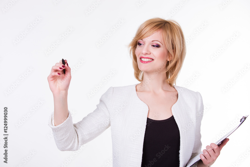 Portrait of young beautiful woman holding a pen on white background. Writing concept. Portrait of young beautiful woman holding a pen on white background. Writing concept.