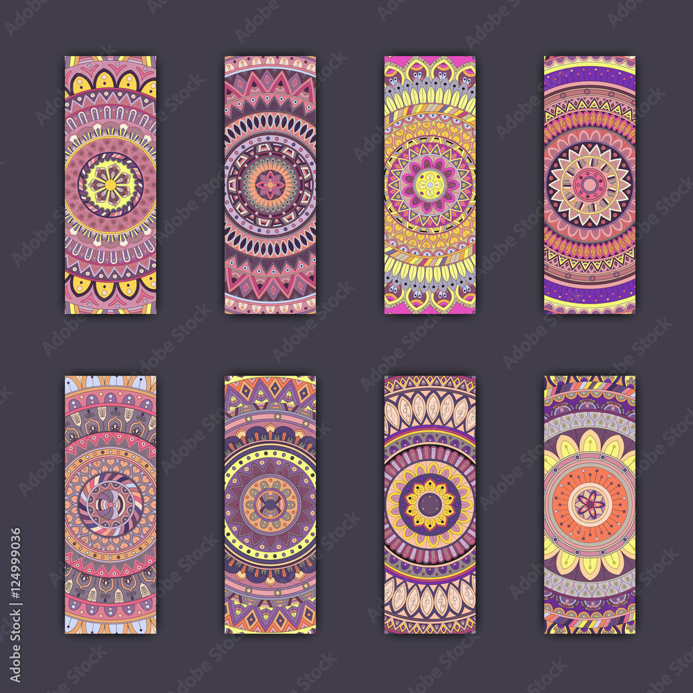 Banner card set with floral colorful decorative mandala elements background.