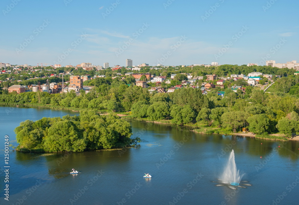 City landscape with the river. Top view.