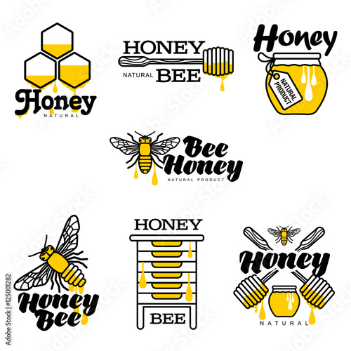 Bee, honey, apiary logo set, sketch style vector illustrations isolated on white background. Hand-drawn bee, hive, honey jar and dipper logos for honey products, labels, bee farms and apiaries