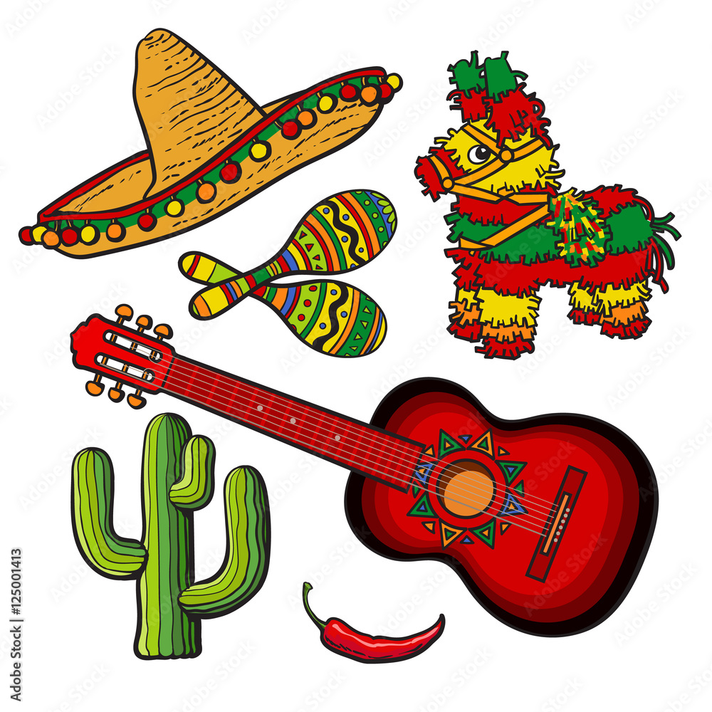 Mexican set - sombrero, pinata, maraca, tequila cactus, chili and spanish guitar, sketch vector illustration isolated on white background. Mexican sombrero, rumba shakers, ornamented pinata, cactus