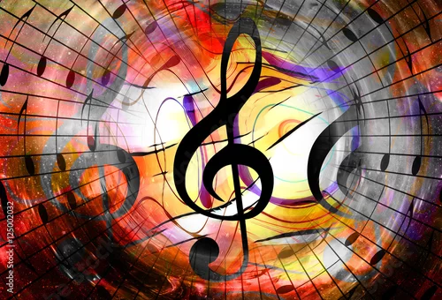 Obraz nuty i klucz wiolinowy w kosmosie z gwiazdami. kolor streszczenie tło. Koncepcja muzyki.