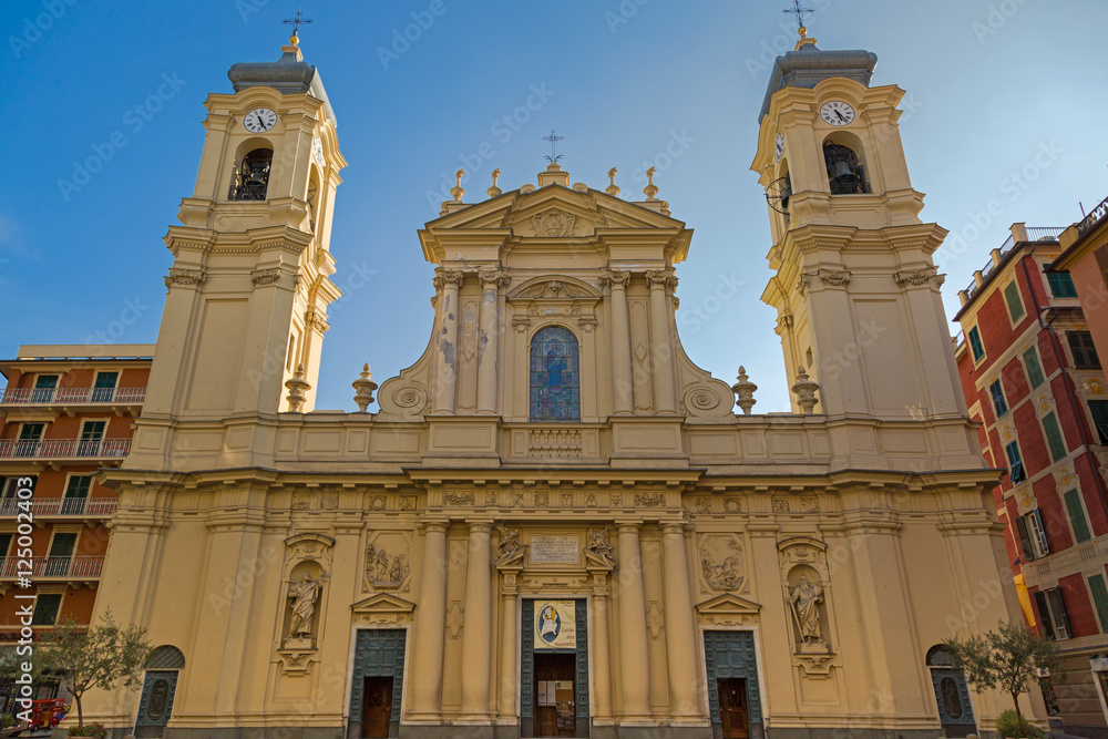 Facade of Santa Margherita Church (Basilica of Santa Margherita of Antiochia) in Santa Margherita Ligure, Italy