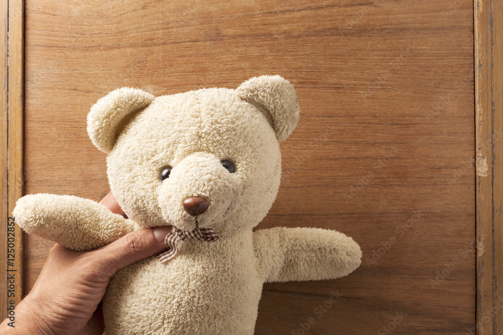 Teddy bear in hand on old wood background. Teddy bear in hand on old wood background.