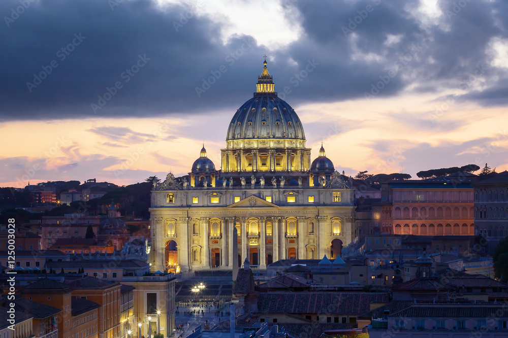The Basilica of St. Peter at sunset, with the new led lighting.