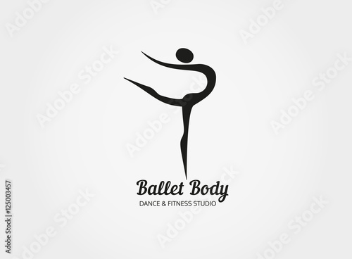 Dance icon concept. Ballet Body studio design template. People character logo. Fitness class banner background with sign symbol of abstract stylized ballerina in dancing pose. Vector illustration.