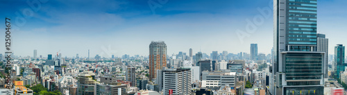 Aerial panoramic view of Tokyo buildings from Shibuya rooftop