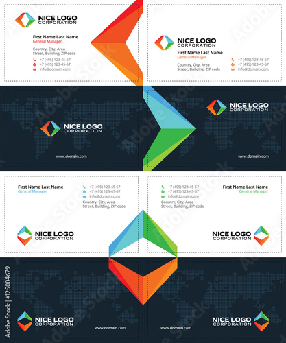 creative business cards with colored arrows, travel cards template, dark blue background