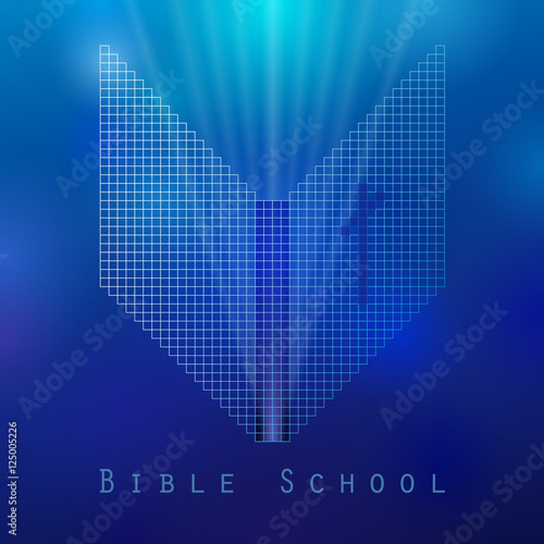 Cross and book blue logotype concept. Open book, pixels. Logo idea. E-book or e-bible icon, religious symbol. Cut out brand sign. Isolated abstract graphic design template. The word of God symbol. photo