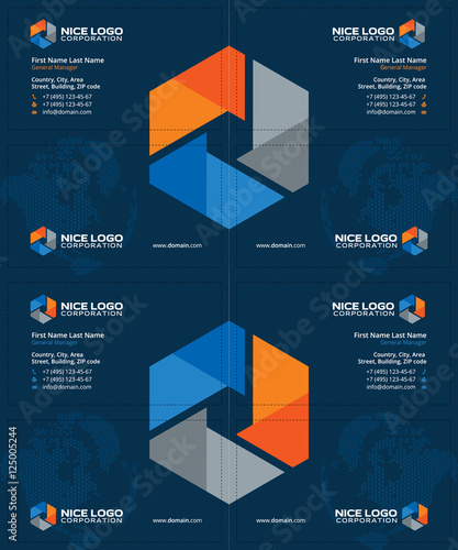 engineering, equipment, construction, business cards dark blue, orange blue and gray colors