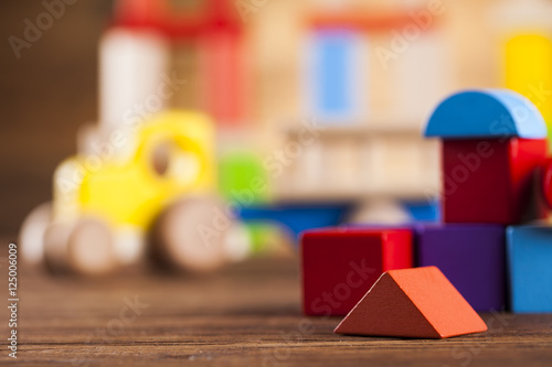 Children toys, Wooden background