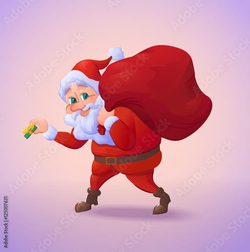 Santa claus sneaking with a gift in his hand and carrying sack of gifts.  Christmas cartoon character. Vector illustration Stock Illustration | Adobe  Stock
