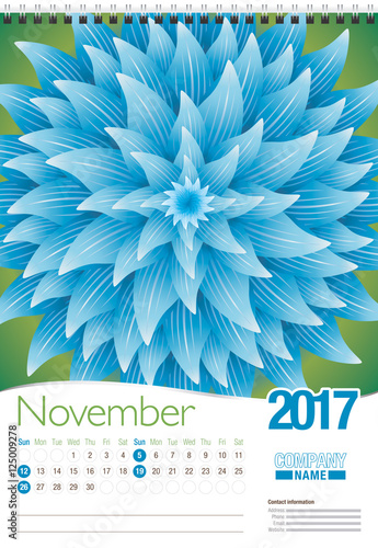 November wall calendar 2017 template with abstract floral design, ready for printing. Size: 297mm x 420mm. Format vertical. English version photo