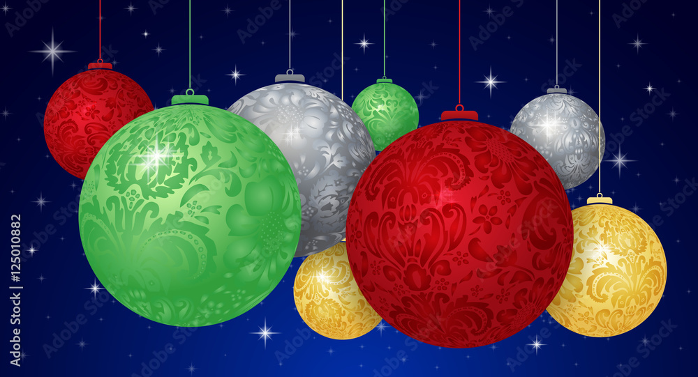 Εκτύπωση καμβά Christmas 3D colorful balls on blue background with stars