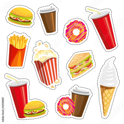 Set of colorful cartoon fast food icons on white background. Isolated vector illustration. Fashion patch, badges, stickers, pins, quirky. 80s-90s style. Trend. Vector illustration isolated. Eps 10.