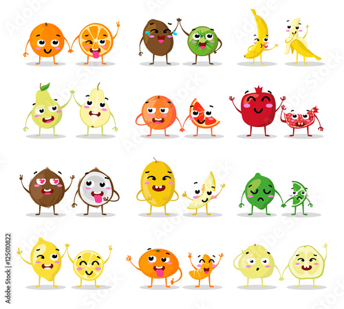 Funny cartoon fruit characters isolated. Big cute set. Fruit couples vector illustrations. Funny happy faces. Collection emotions. Beautiful sweet fruits. Flat design. Different emotions. Vector