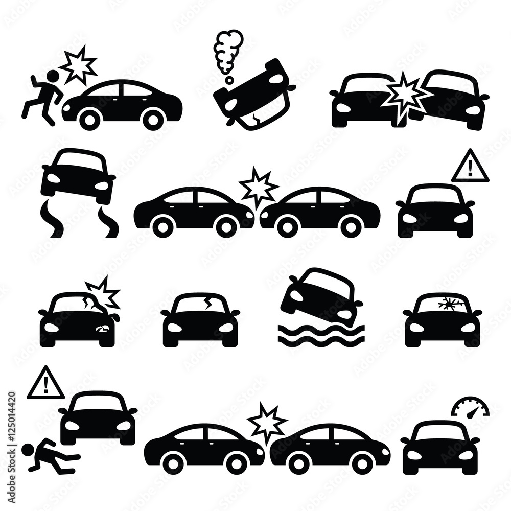 Road accident, car crash, personal injury vector icons set
Road accident, car crash, personal injury vector icons set