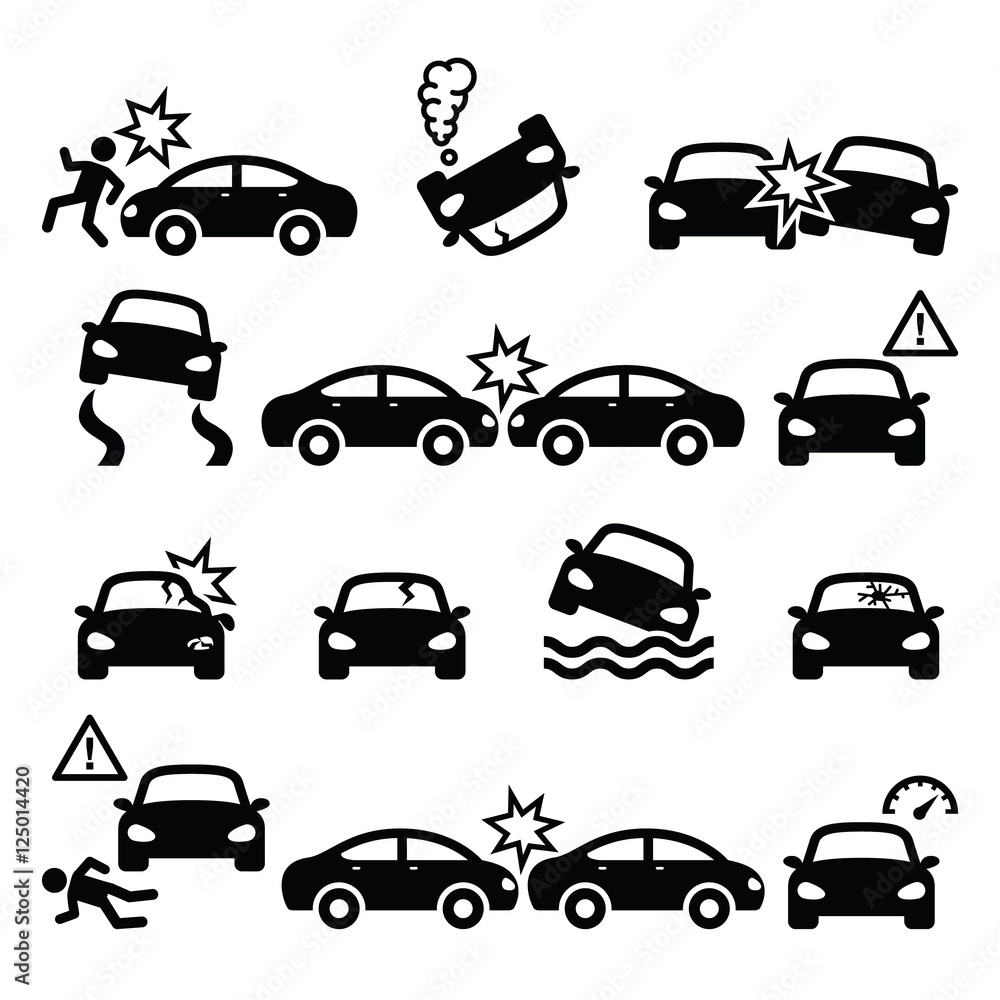 
Road accident, car crash, personal injury vector icons set 