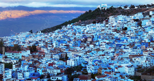 Panorama of blue Medina of Chefchaouen city at sunset in Morocco, Africa