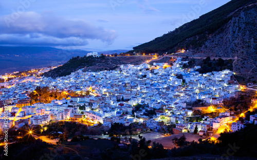 Panorama of blue Medina of Chefchaouen city at sunset in Morocco  Africa