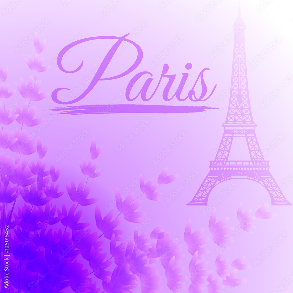 Paris Eiffel tower on a gentle purple background with lavender flowers