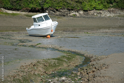 Pleasure boat moored on the mud in a branch of the Camel estuary at low tide near St Issey in Cornwall. photo