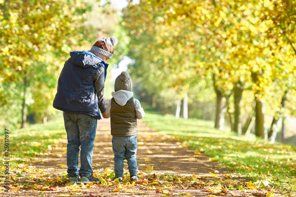 Spaziergang im Park im Herbst, zwei Kinder