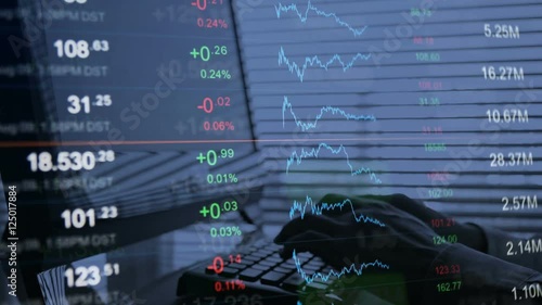 Financial forex background, online trading concept: Trader working on computer, typing on keyboard. 