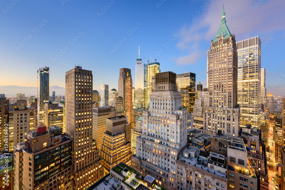 New York City Financial District at twilight.