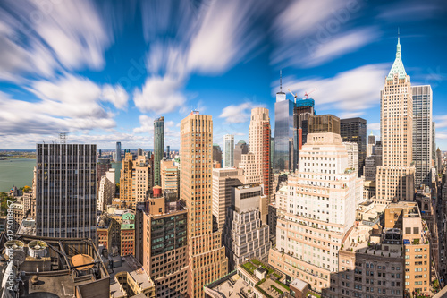 New York City Financial District cityscape at dusk.