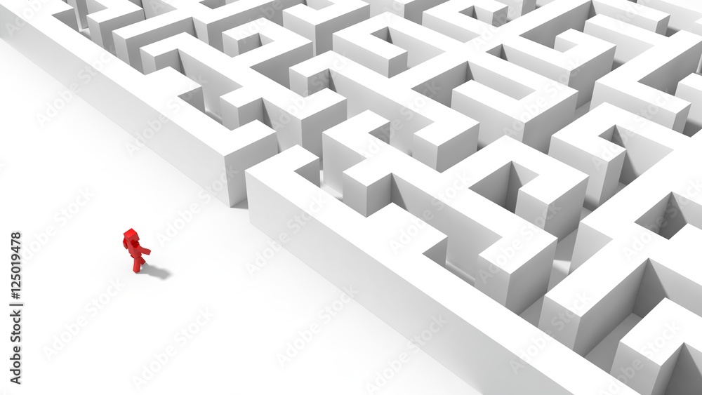red cubic character going to labyrinth. 3d illustration. red cubic character going to labyrinth. 3d illustration.